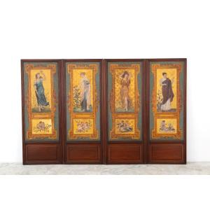 4-panel Screen With Panels Painted On Canvas 
