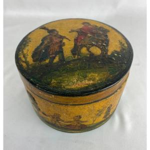 Boîte ronde décorée de figurines en papier avec peinture originale