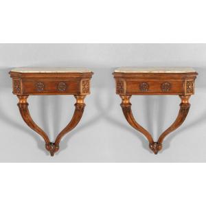A Pair Of Venetian Cherry Wood Shelves With A Marble Top