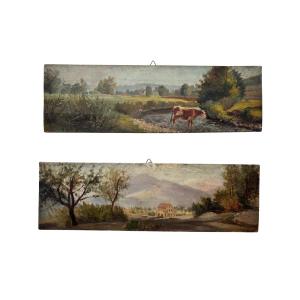 A Pair Of Small Paintings On Wood Panels Depicting Rural Scenes
