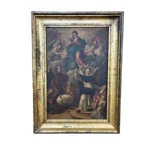 Peinture à l'huile sur toile représentant l'Assomption de la Vierge avec des Saints