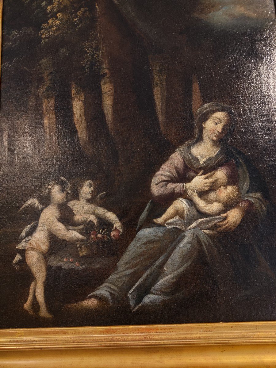 Peinture à l'Huile Sur Toile Vierge à l'Enfant Avec Deux Putti-photo-2