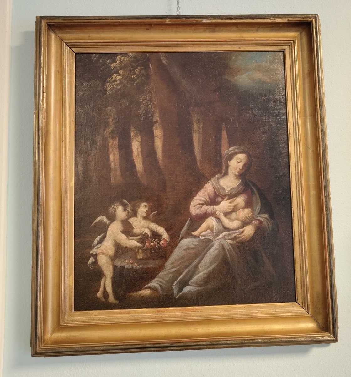 Peinture à l'Huile Sur Toile Vierge à l'Enfant Avec Deux Putti