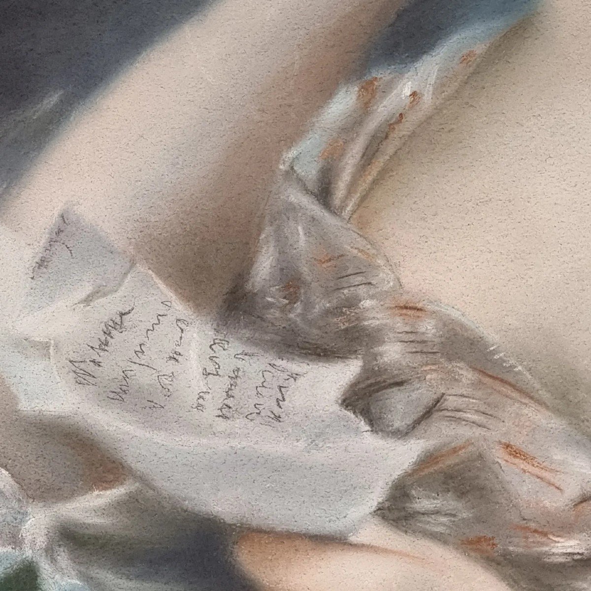 Portrait Au Pastel Sur Papier D’une Jeune Fille Avec Une Lettre – école Française Du XVIIIe Siè-photo-2