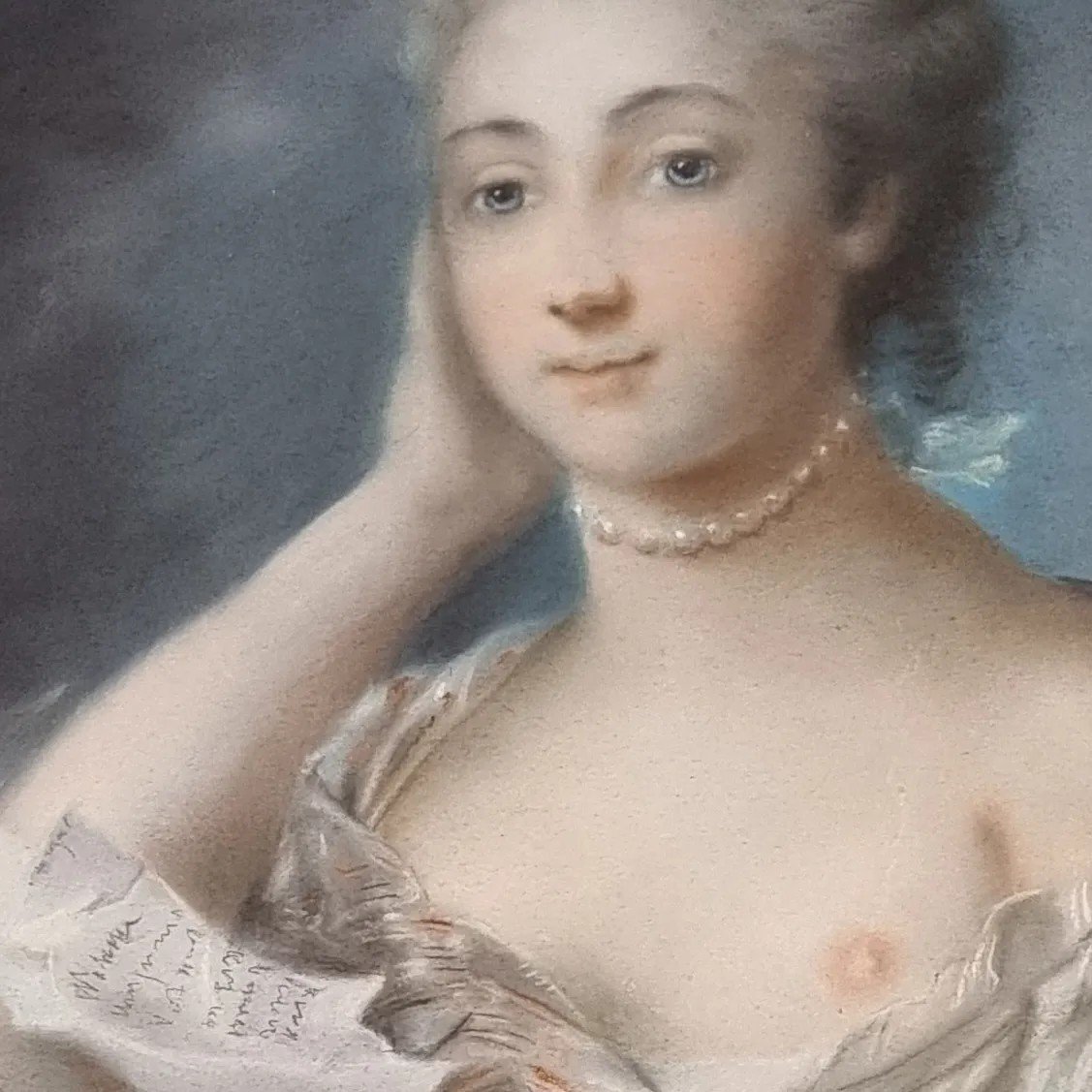 Portrait Au Pastel Sur Papier D’une Jeune Fille Avec Une Lettre – école Française Du XVIIIe Siè-photo-4