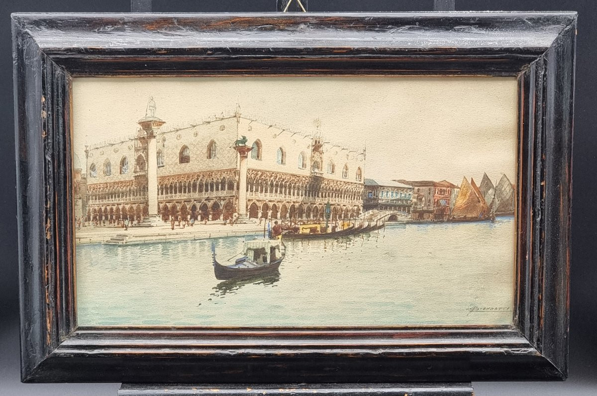 Vue Du Palais Des Doges – Aquarelle Signée Biondetti, Début Du XXe Siècle-photo-2