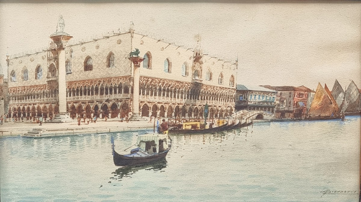 Vue Du Palais Des Doges – Aquarelle Signée Biondetti, Début Du XXe Siècle