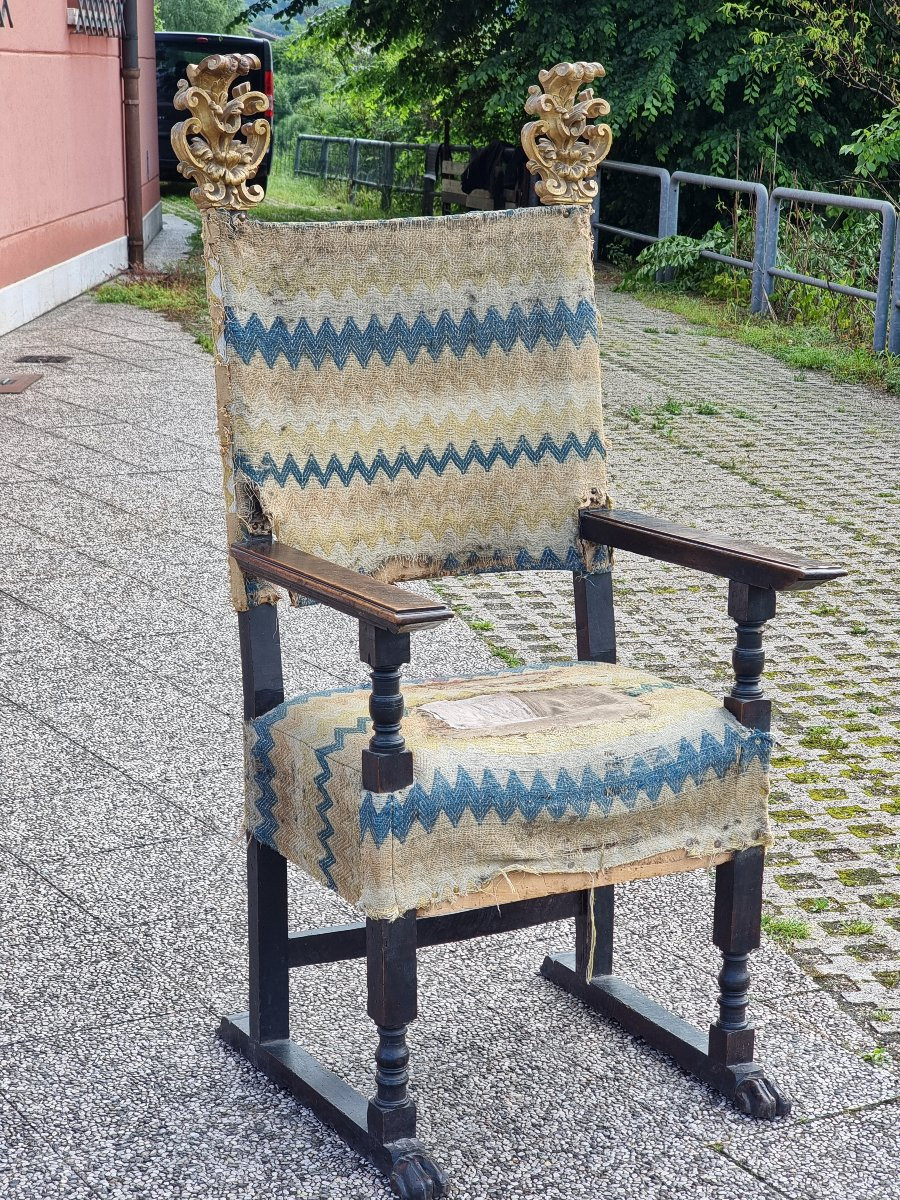 Grand Fauteuil En Noyer Sculpté Avec Ornements Dorés, Région d'émilie (probablement Mantoue), F-photo-6