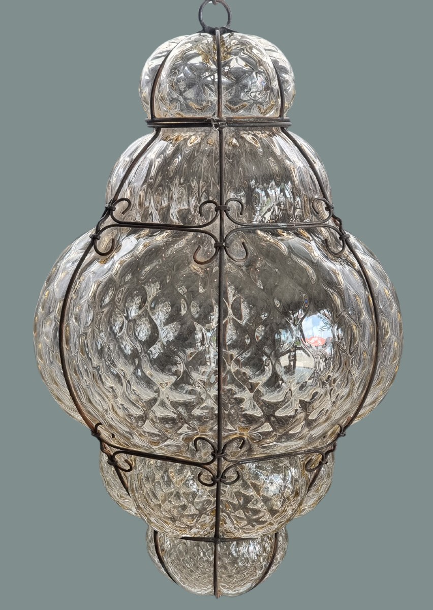 Lampadaire Vénitien En Verre Soufflé Et Fer, Début Du XXe Siècle