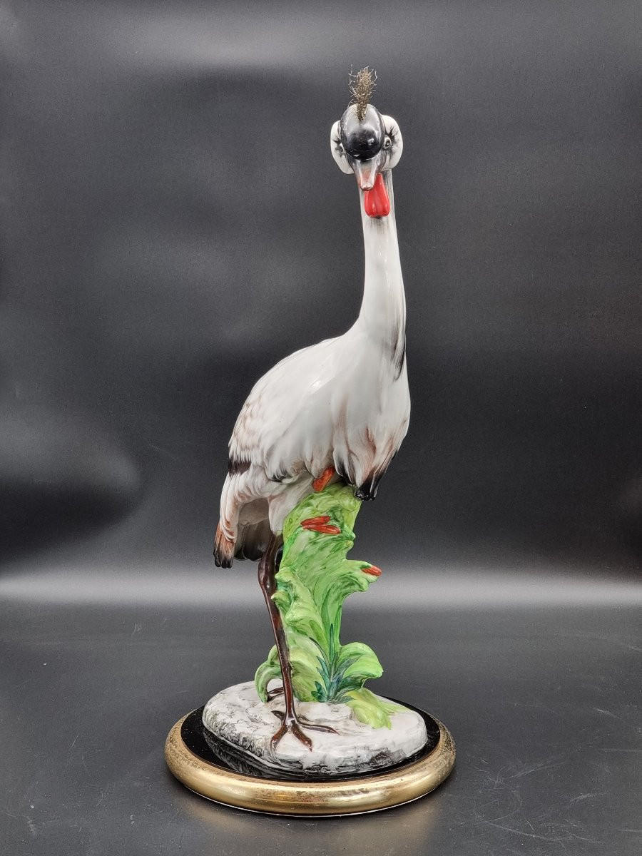 Large Glazed Ceramic Sculpture Depicting A Crowned Crane-photo-3