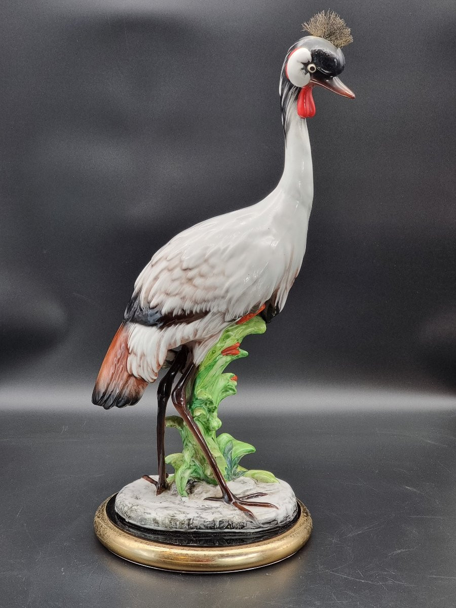 Large Glazed Ceramic Sculpture Depicting A Crowned Crane-photo-4