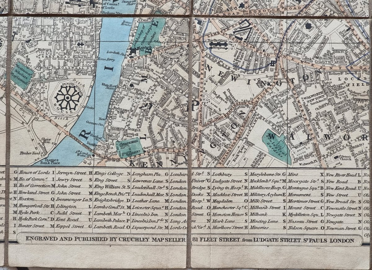 Cruchley’s New Plan of London – Édition 1840  Carte géographique pliante d’époque, montée sur t-photo-4
