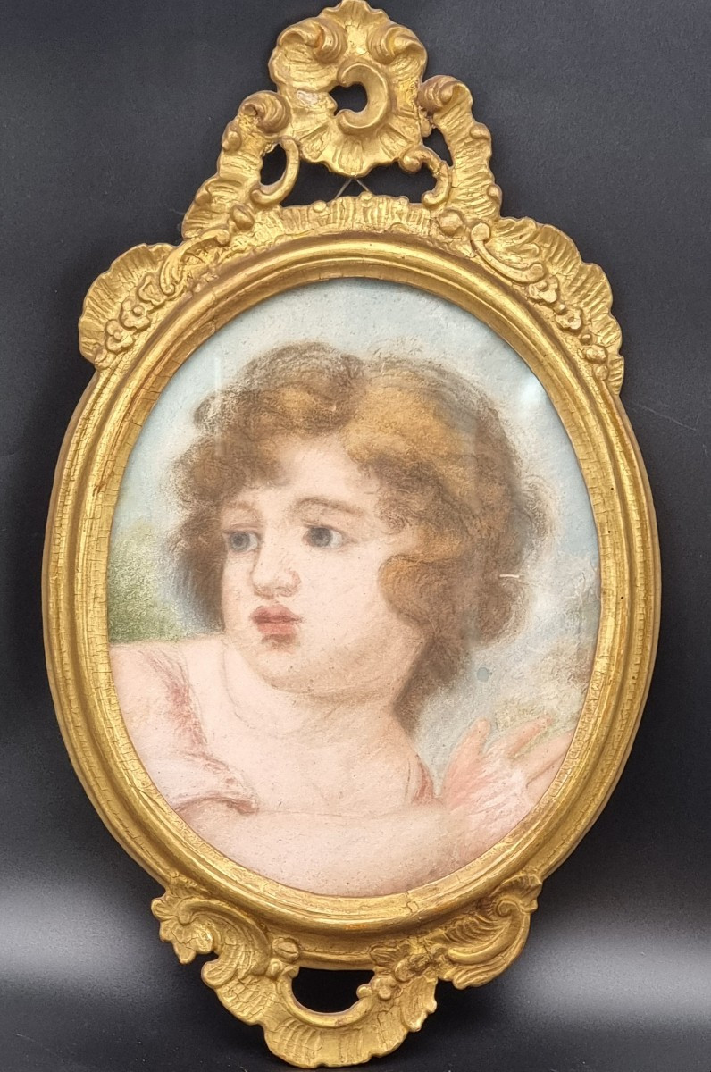 Putto au pastel dans un cadre vénitien du XVIIIe siècle