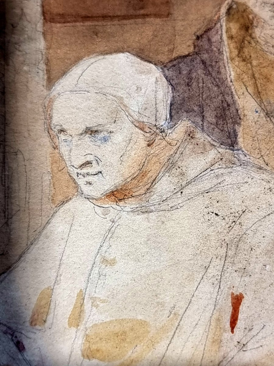 Aquarelle sur papier, signée Giovanni Servi – Scène d’intérieur avec pape en acte d’investiture-photo-2