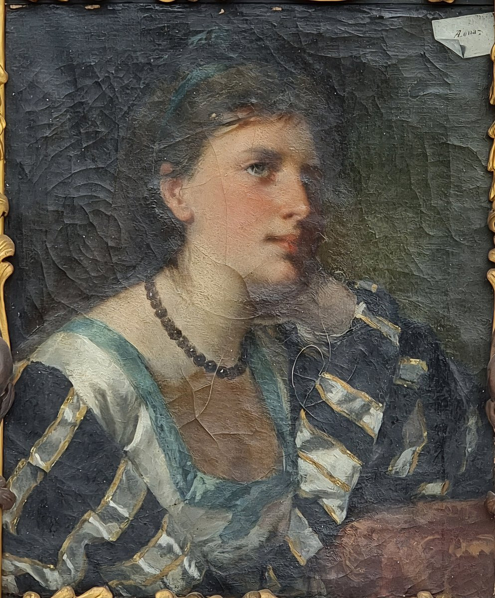 Antonio Zona – Portrait de jeune femme avec cadre sculpté et doré en pin cembro, fin XIXe siècl-photo-3