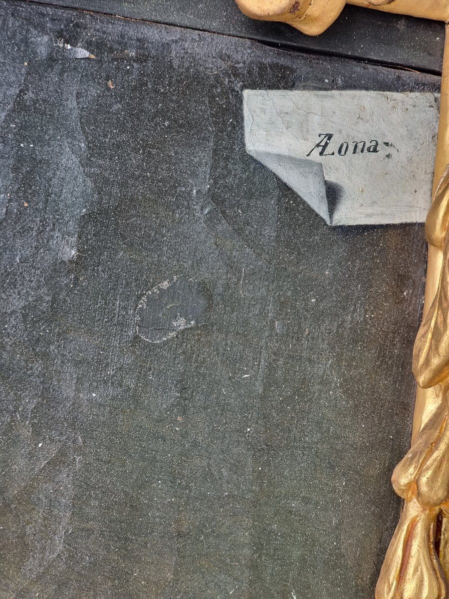 Antonio Zona – Portrait de jeune femme avec cadre sculpté et doré en pin cembro, fin XIXe siècl-photo-1