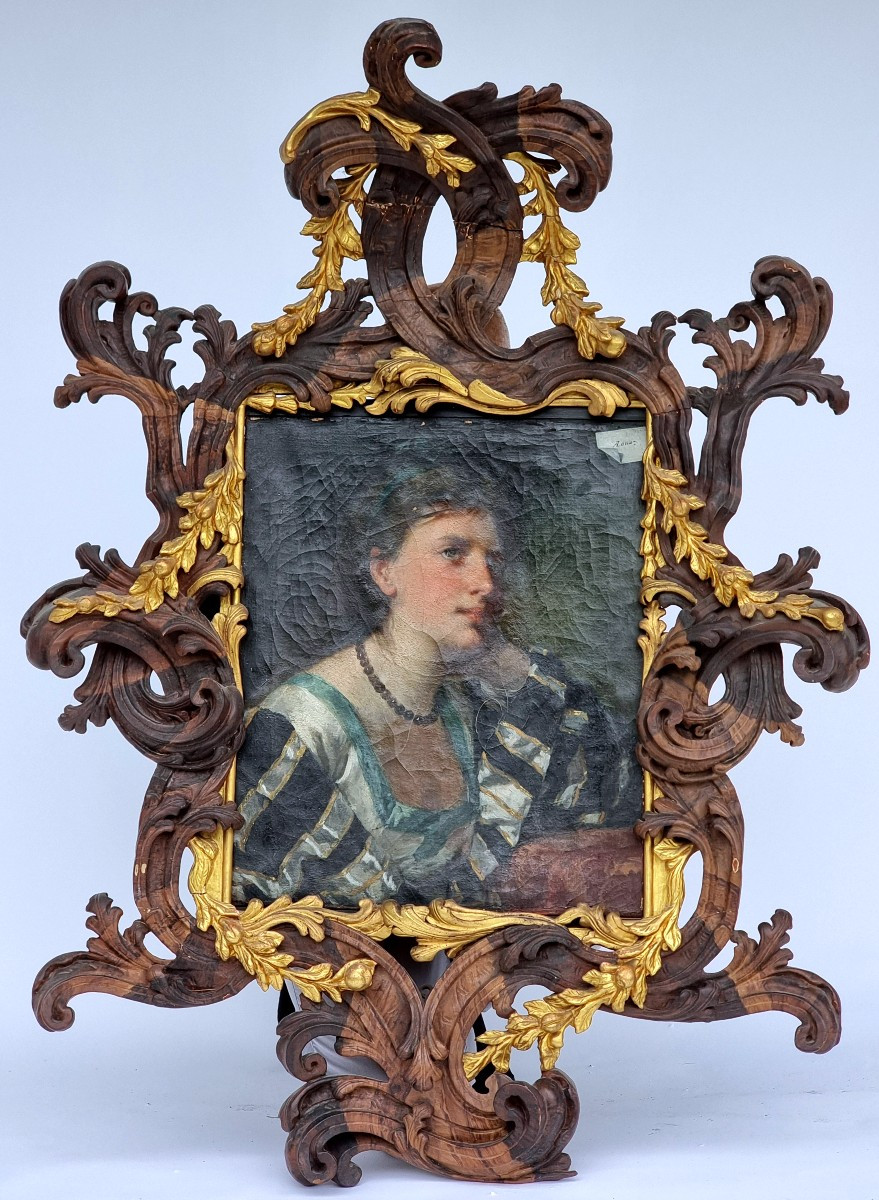 Antonio Zona – Portrait de jeune femme avec cadre sculpté et doré en pin cembro, fin XIXe siècl