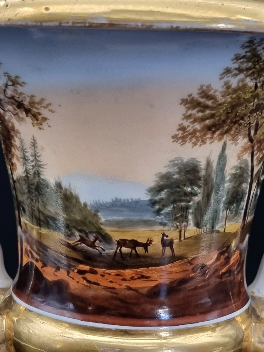 Coupe en porcelaine dorée et peinte à la main avec scènes de chasse, XIXe siècle-photo-3