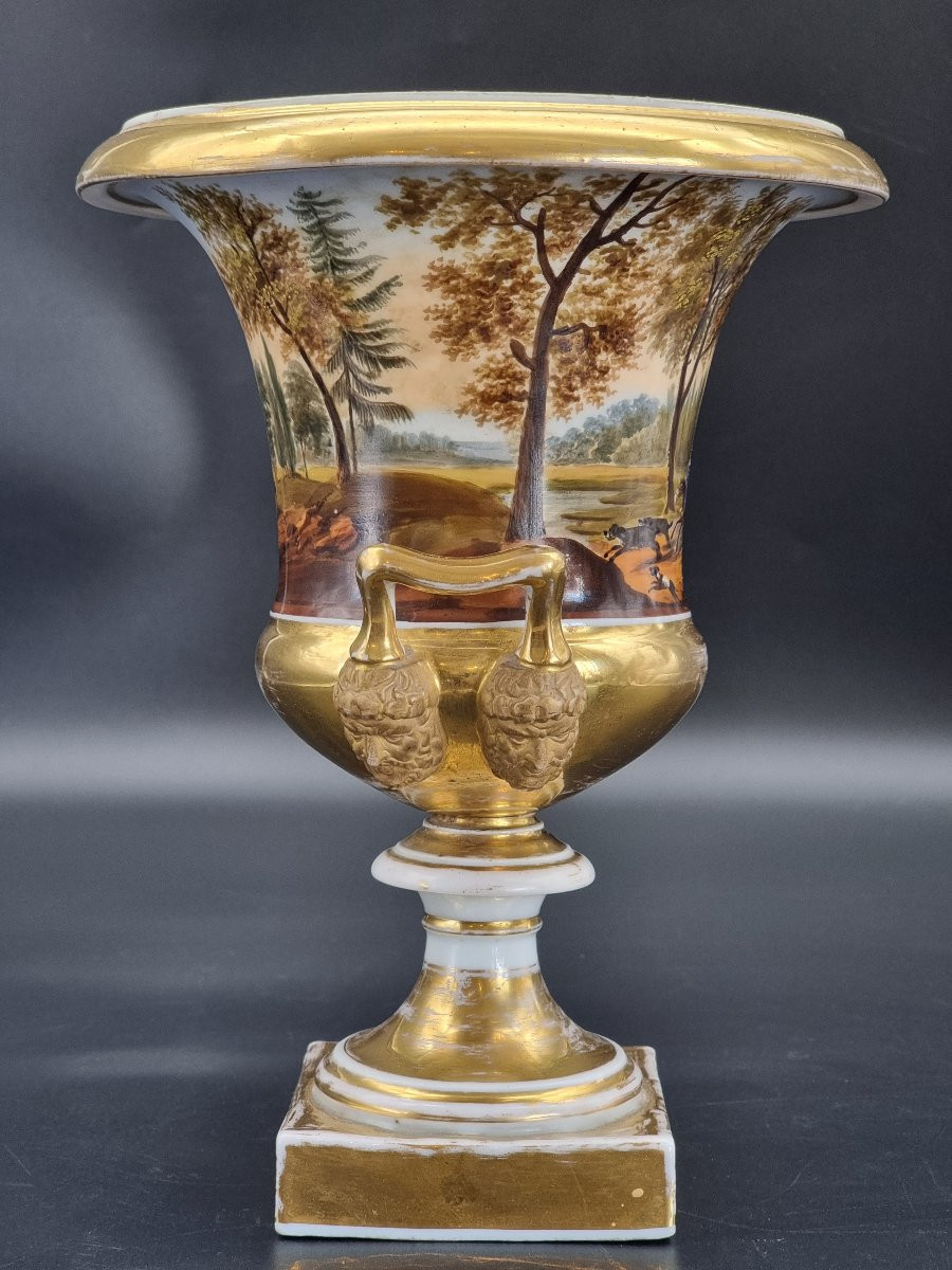 Coupe en porcelaine dorée et peinte à la main avec scènes de chasse, XIXe siècle-photo-1