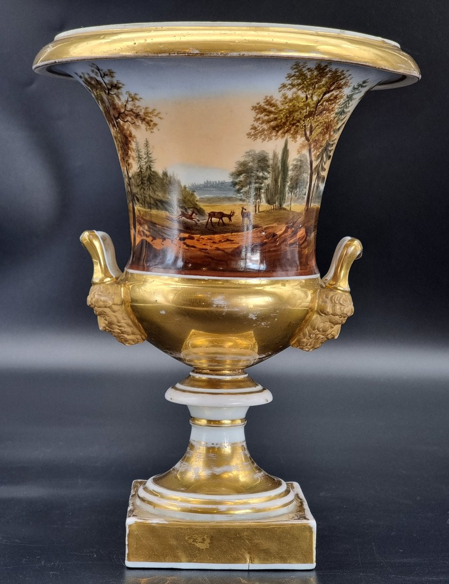 Coupe en porcelaine dorée et peinte à la main avec scènes de chasse, XIXe siècle-photo-2