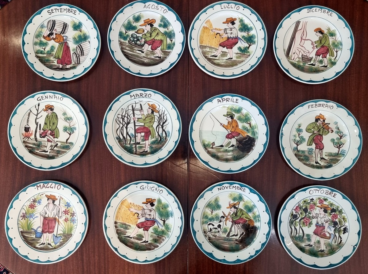Série « Les 12 mois », assiettes populaires vénitiennes – Nove (Tasca), v. 1945–1965, diamètre 