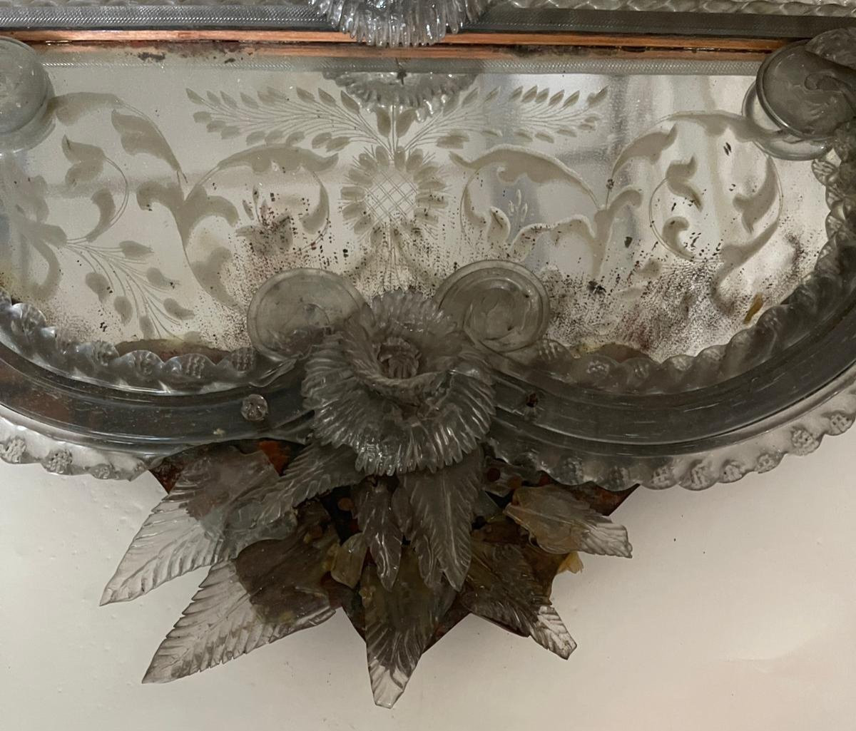 Venetian Mirror In Engraved Glass With Applied Flowers, Late 19th – Early 20th Century-photo-4
