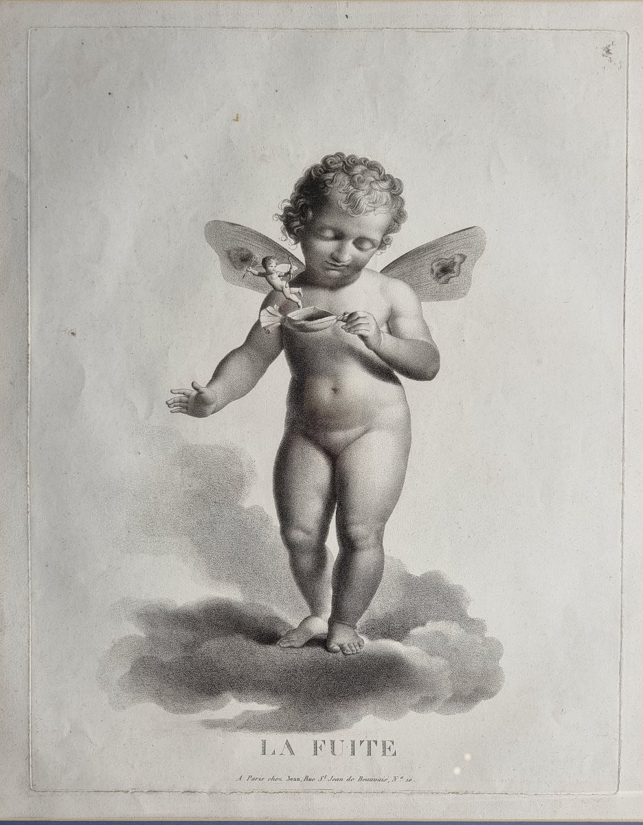 Série de quatre estampes françaises, “Amours ailés” Gravure par Castel-photo-2
