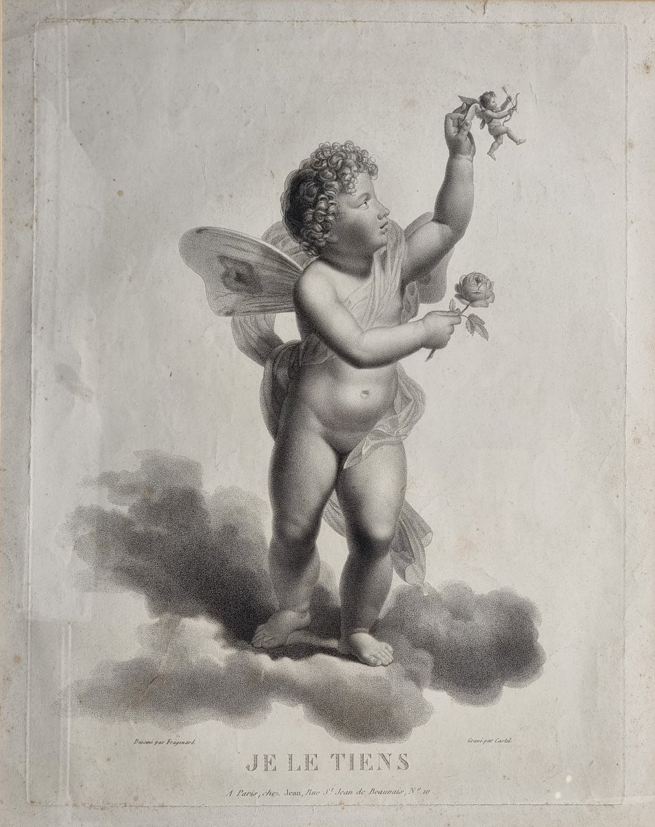 Série de quatre estampes françaises, “Amours ailés” Gravure par Castel-photo-3