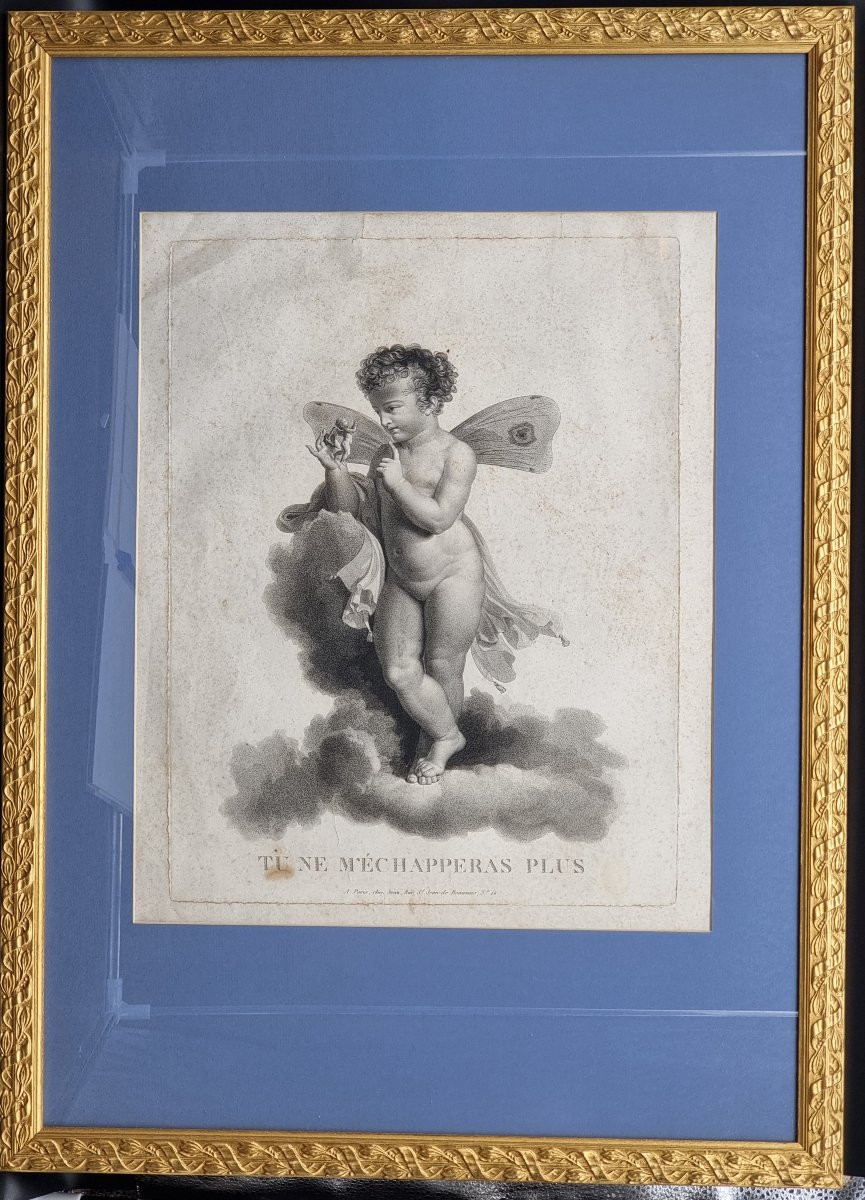 Série de quatre estampes françaises, “Amours ailés” Gravure par Castel-photo-4