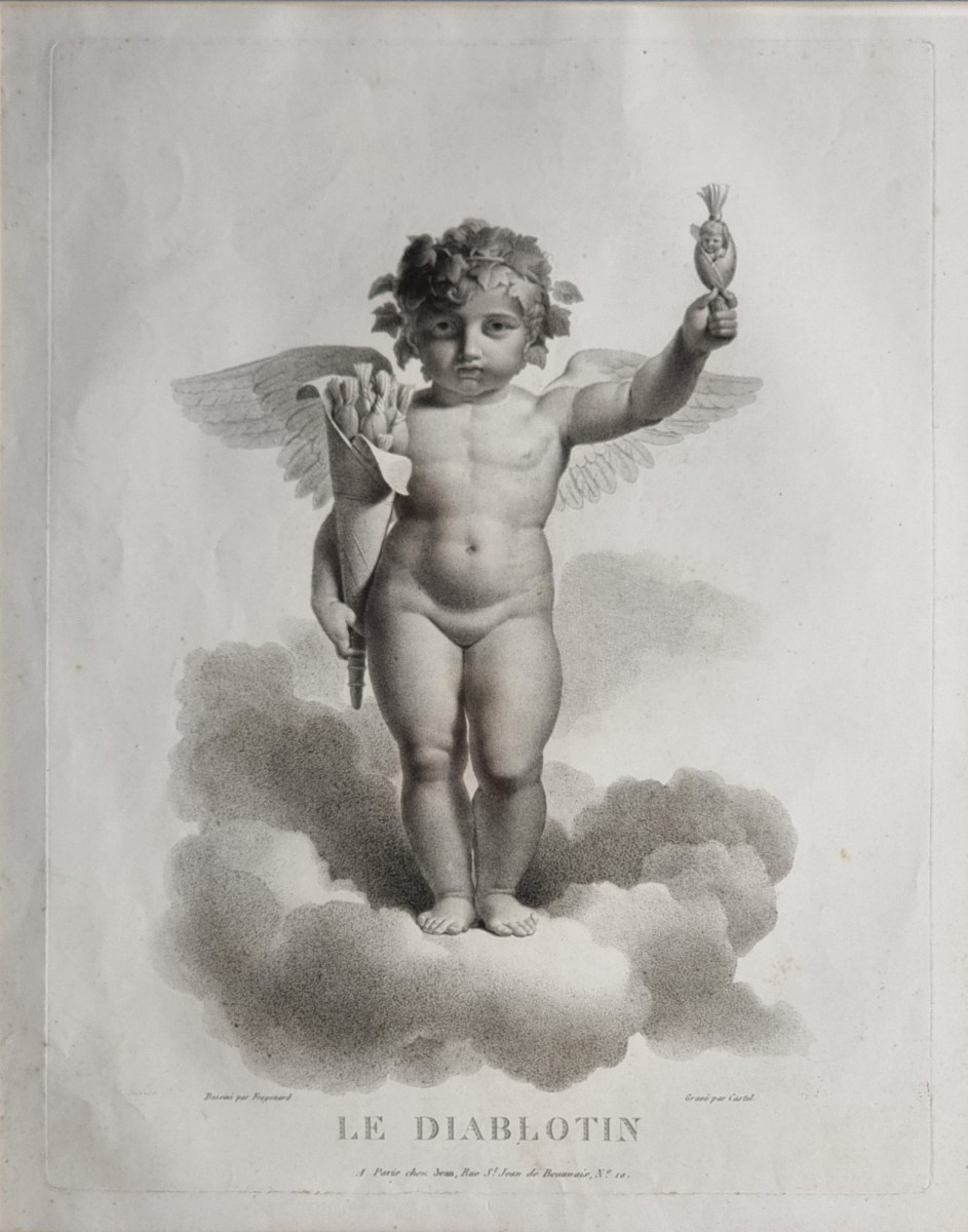 Série de quatre estampes françaises, “Amours ailés” Gravure par Castel