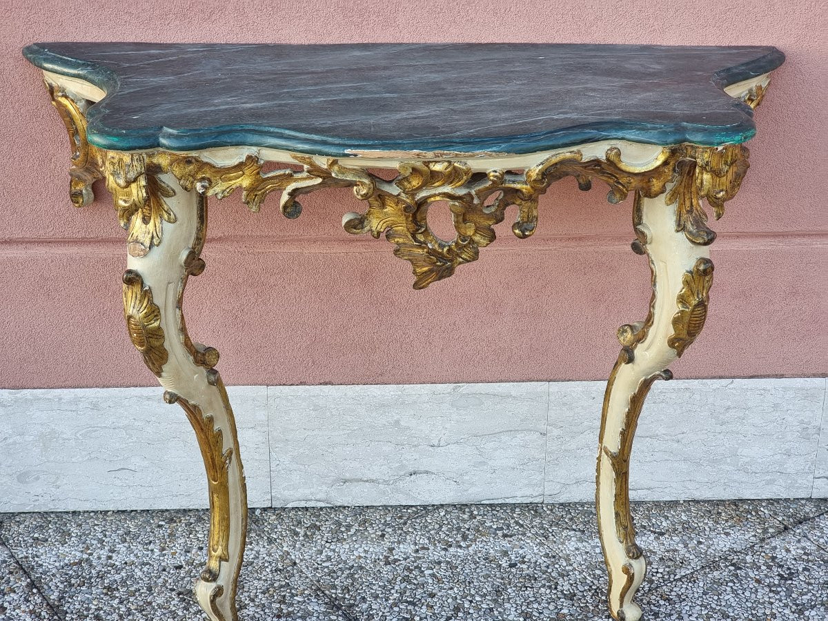 Neapolitan Louis XV Console In Carved, Mecca-silvered And Lacquered Wood, Mid-18th Century-photo-4