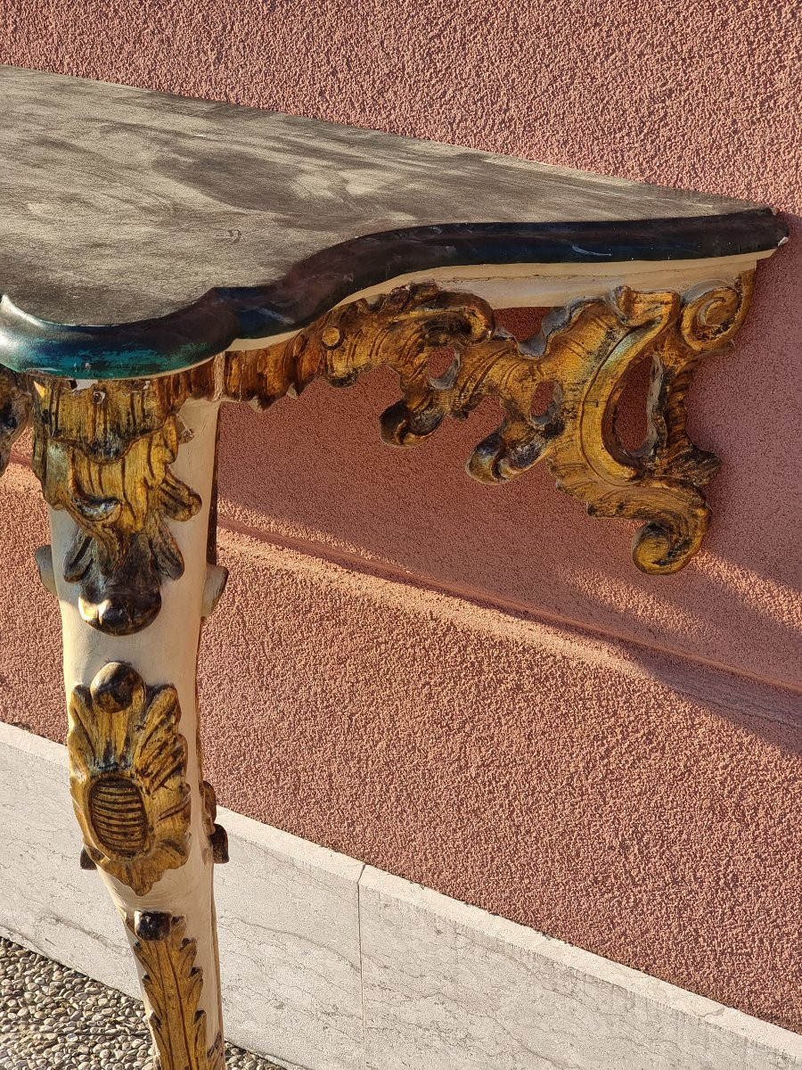 Neapolitan Louis XV Console In Carved, Mecca-silvered And Lacquered Wood, Mid-18th Century-photo-2