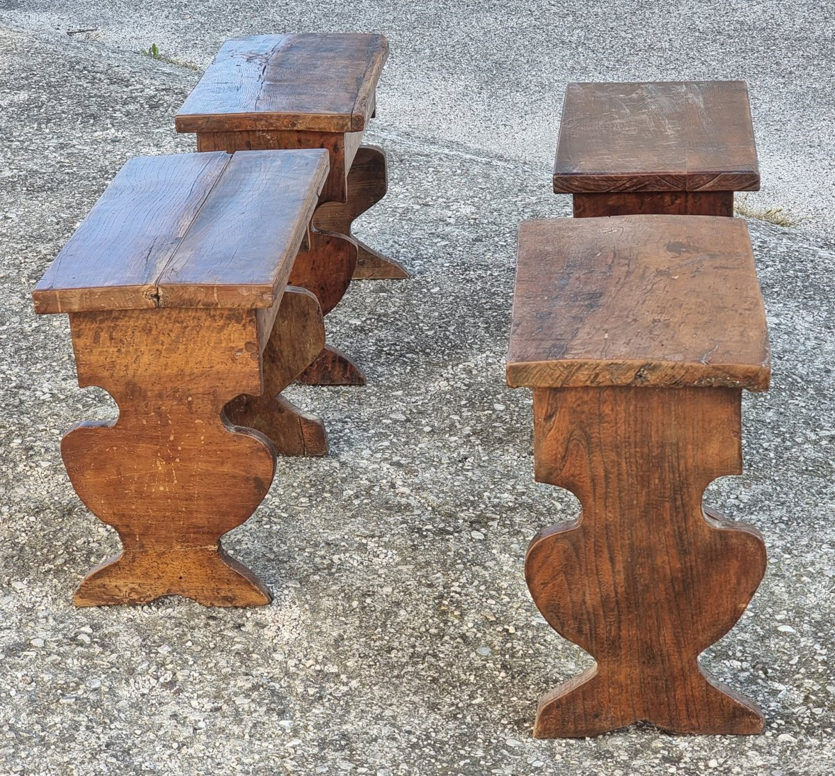 Set Of Four Small Benches In Antique Wood, 17th-century Style-photo-1