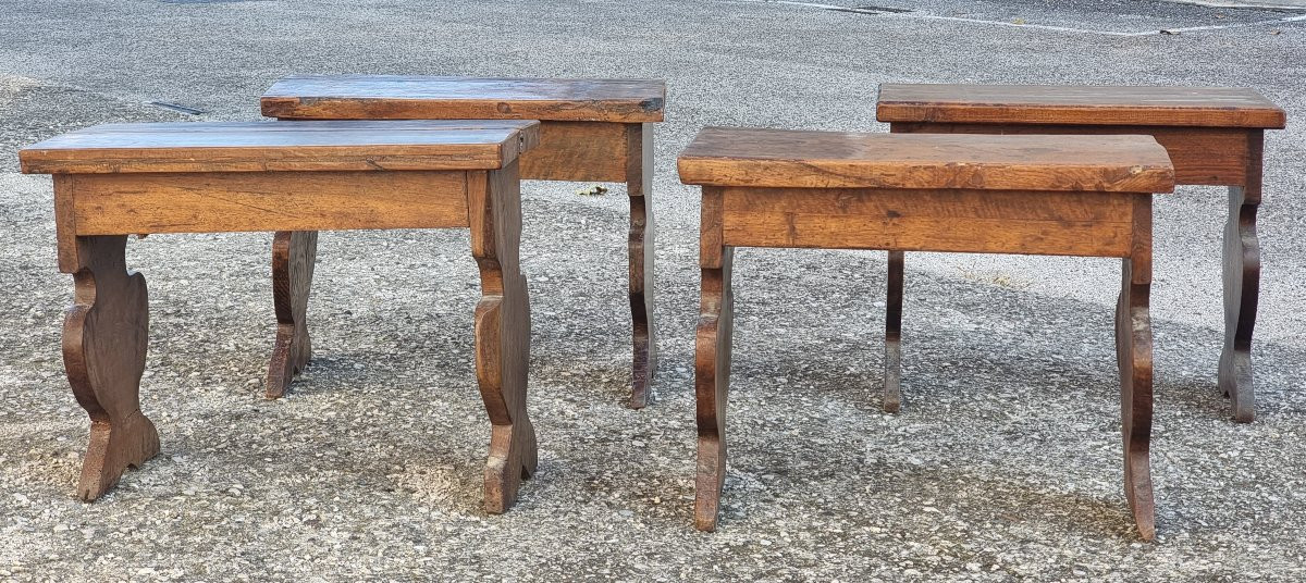 Set Of Four Small Benches In Antique Wood, 17th-century Style-photo-2