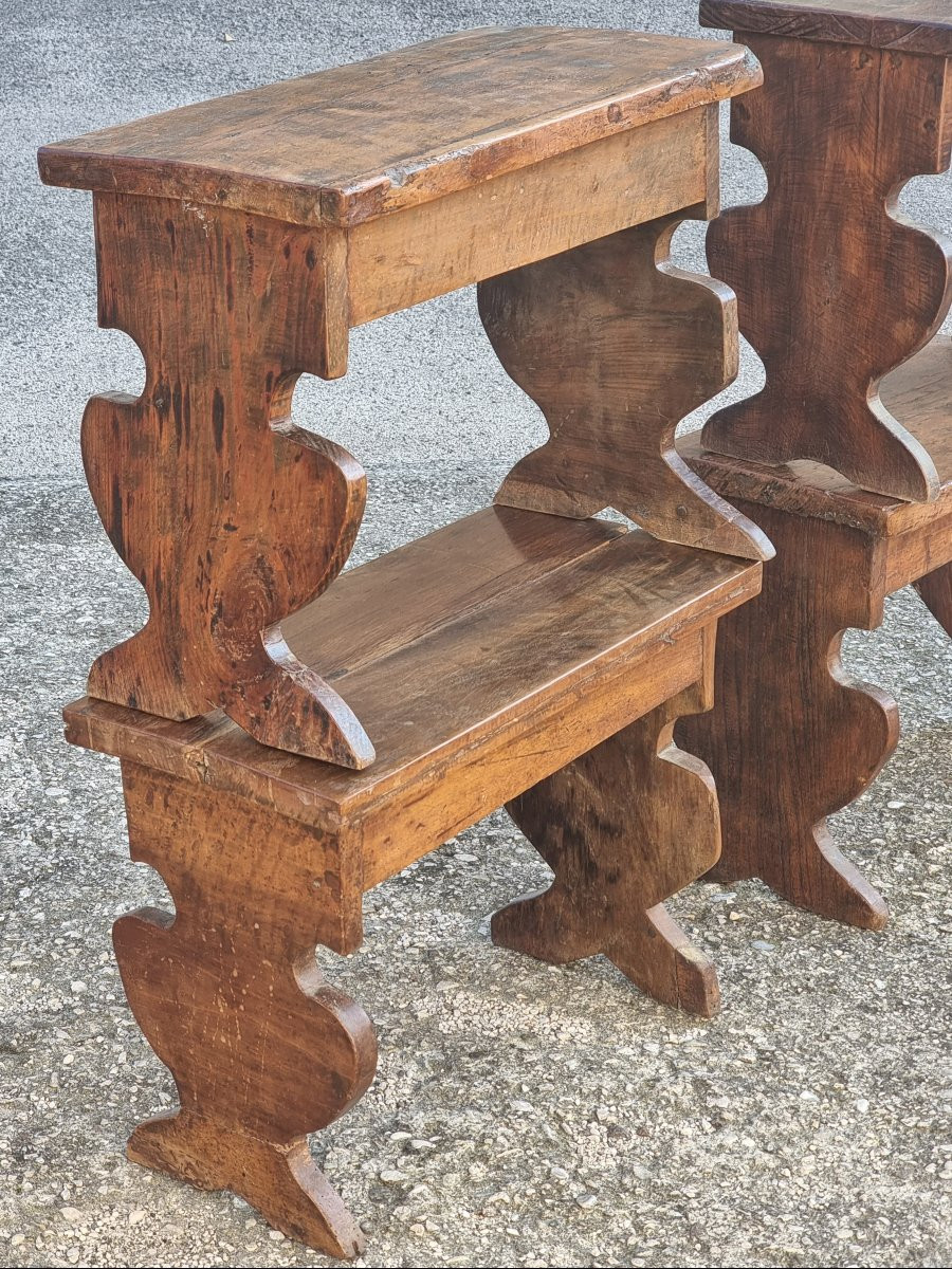 Set Of Four Small Benches In Antique Wood, 17th-century Style-photo-4