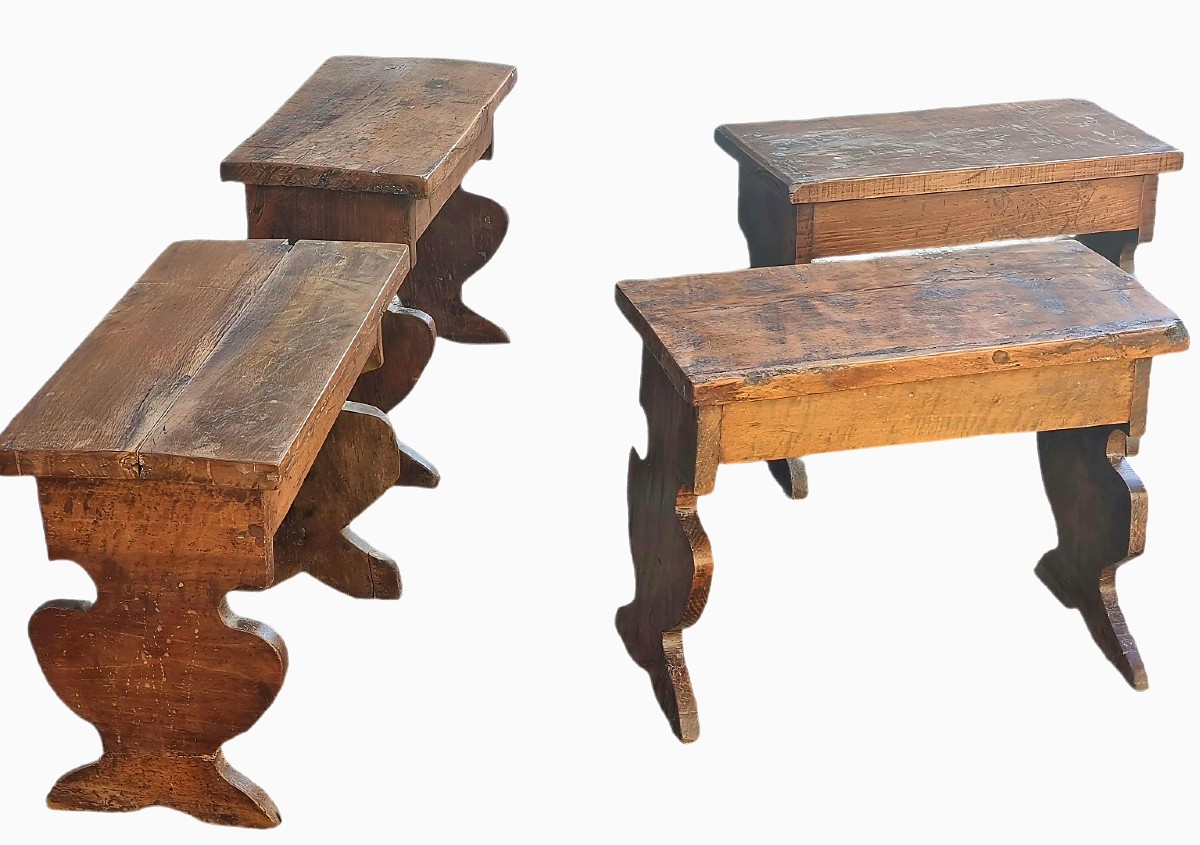 Set Of Four Small Benches In Antique Wood, 17th-century Style