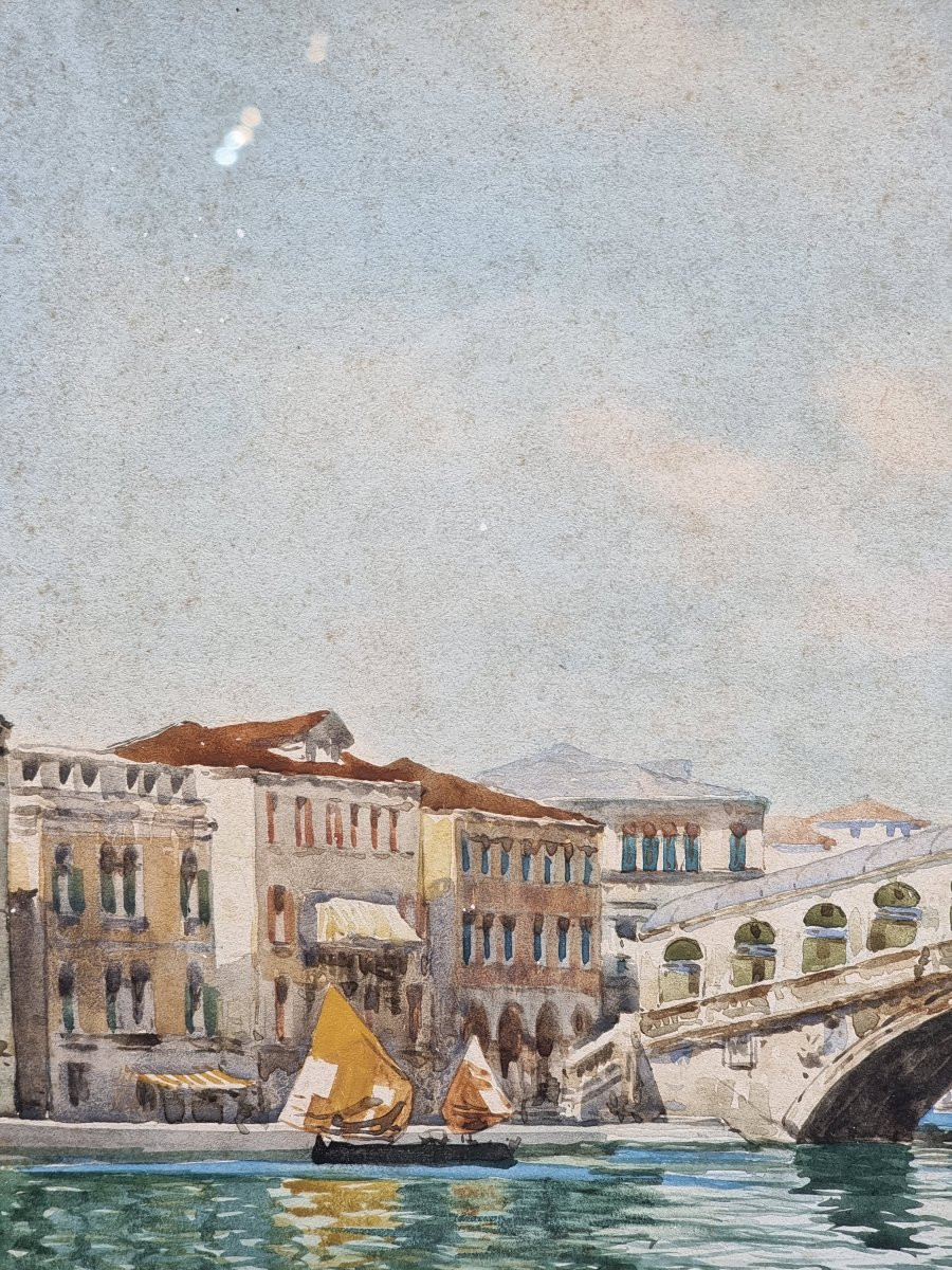 Watercolour View Of The Rialto Bridge – Guido Peruzzi (20th Century)-photo-3