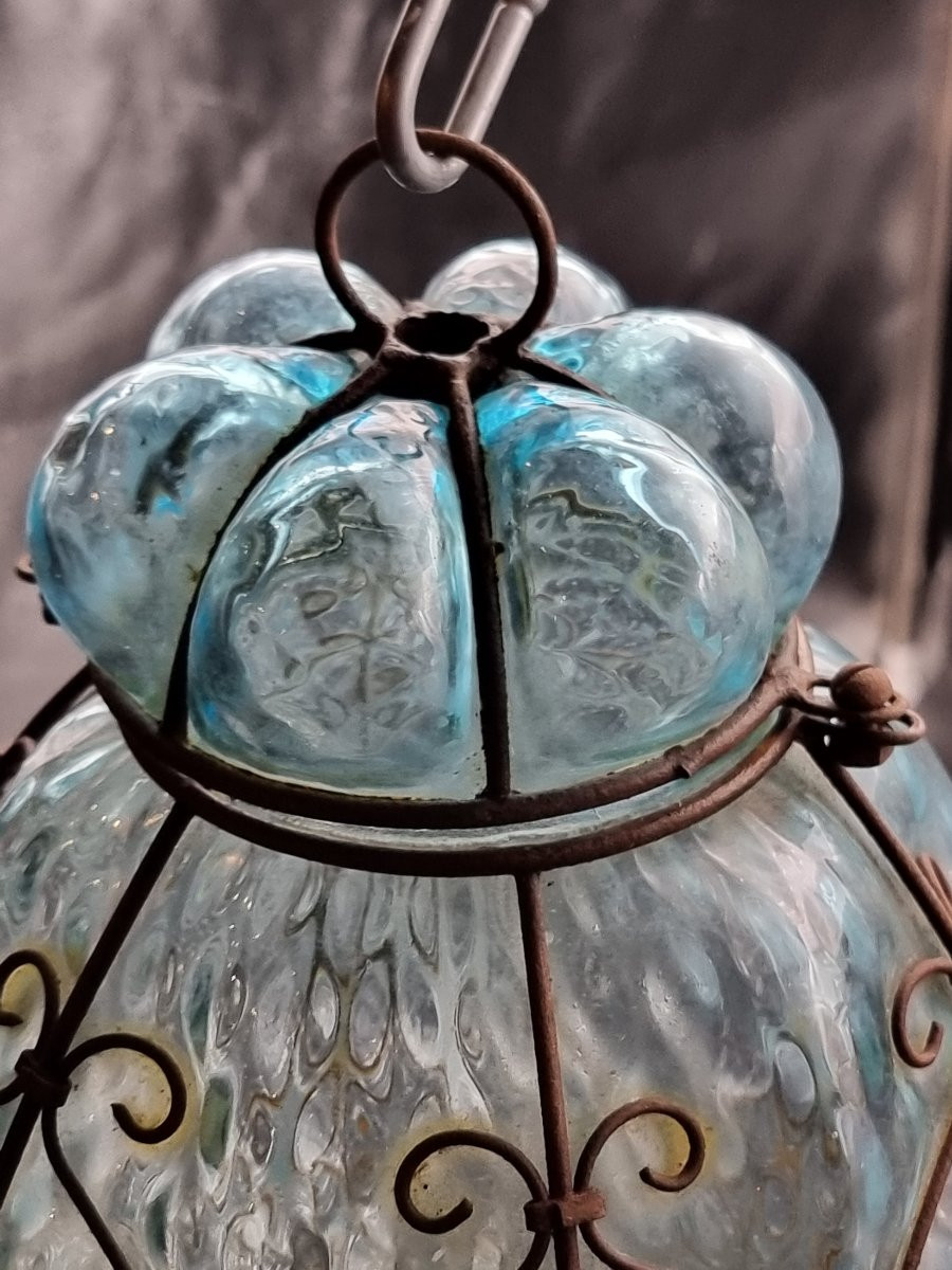 Lanterne vénitienne en verre soufflé et fer façonné, début XXe siècle-photo-2