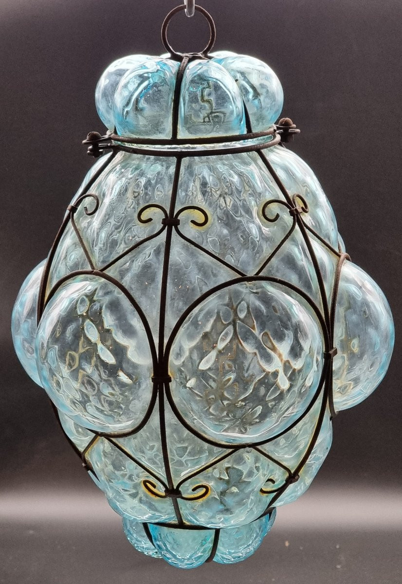 Lanterne vénitienne en verre soufflé et fer façonné, début XXe siècle-photo-3