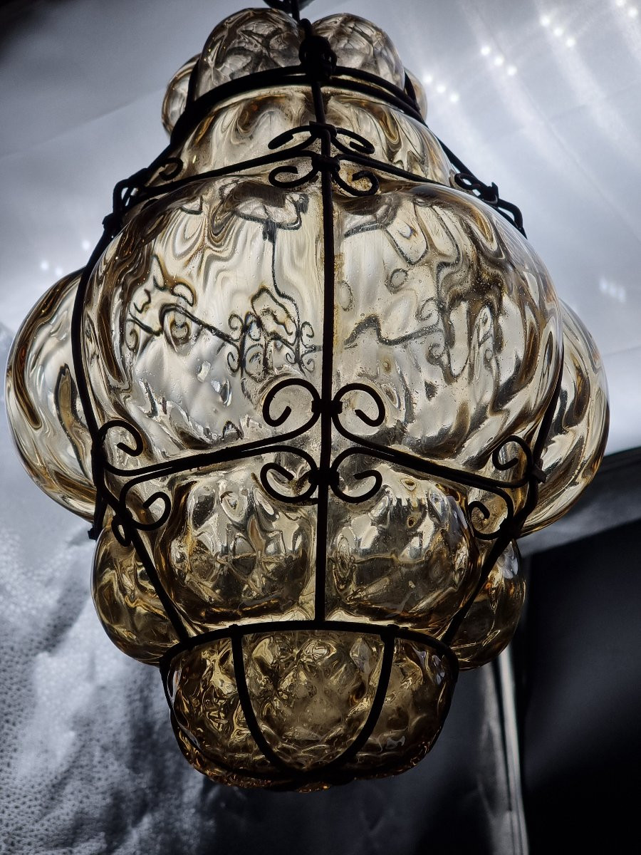 Venetian Blown Glass Smoky Amber Lantern With Shaped Iron Frame, Mid-20th Century-photo-3