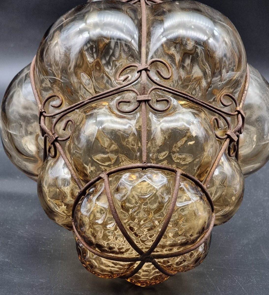 Venetian Blown Glass Smoky Amber Lantern With Shaped Iron Frame, Mid-20th Century-photo-2
