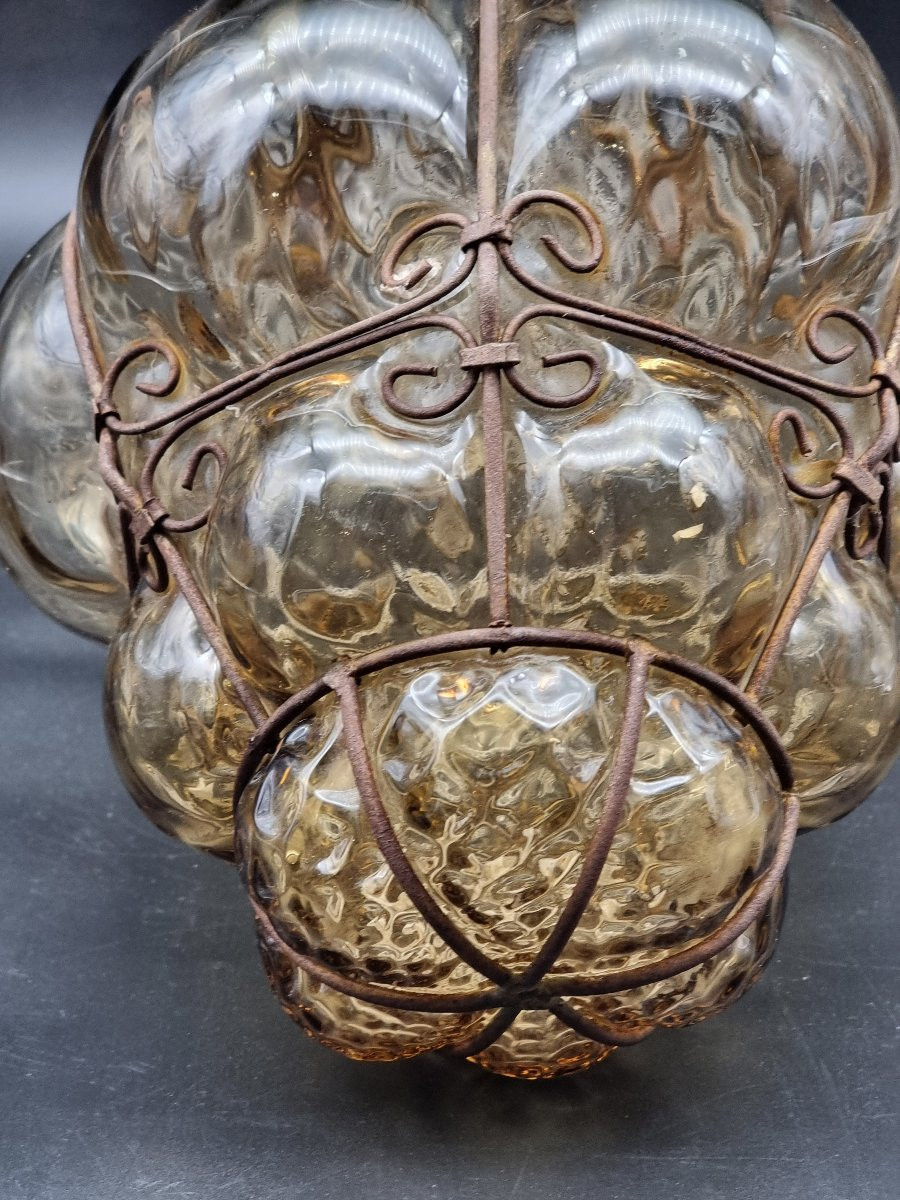 Venetian Blown Glass Smoky Amber Lantern With Shaped Iron Frame, Mid-20th Century-photo-3