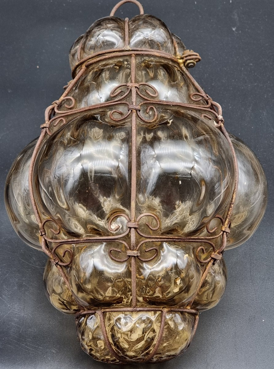 Venetian Blown Glass Smoky Amber Lantern With Shaped Iron Frame, Mid-20th Century-photo-4
