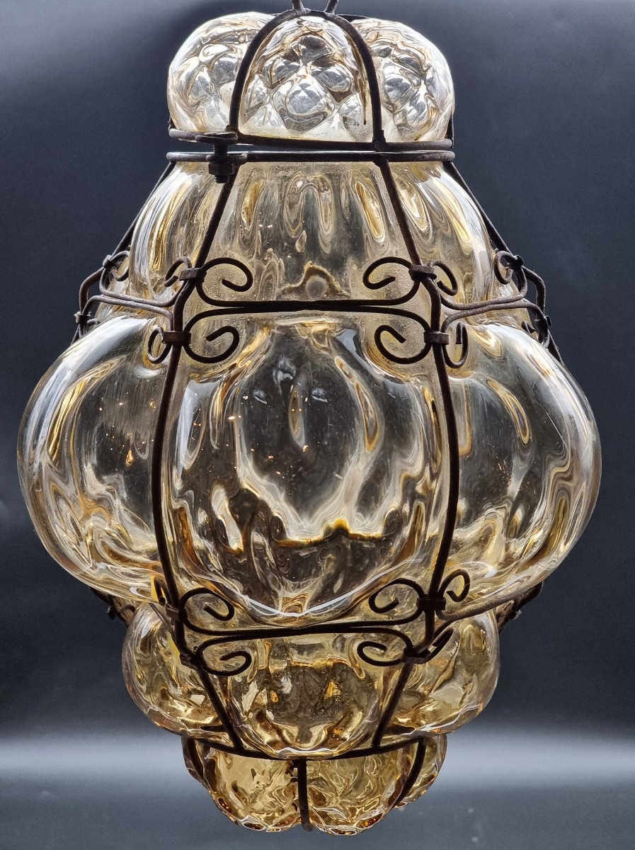 Venetian Blown Glass Smoky Amber Lantern With Shaped Iron Frame, Mid-20th Century