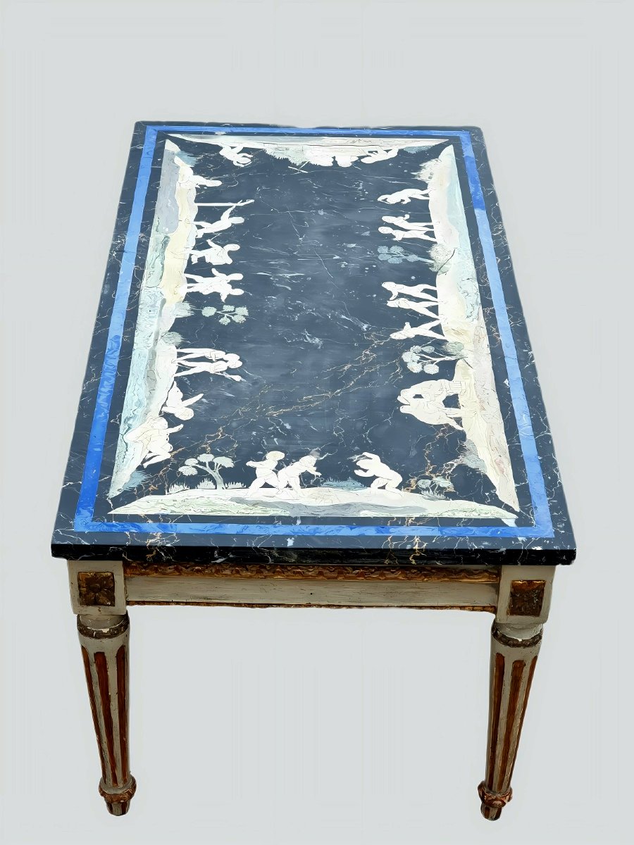 Table de salon à plateau en marbre noir décoré en scagliola-photo-2