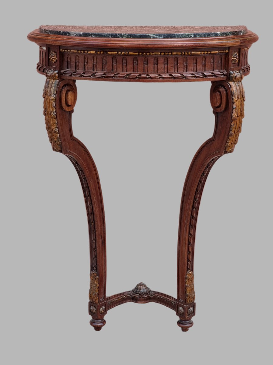 Louis XVI Style Demi-lune Console In Carved Walnut With Green Marble Top-photo-2