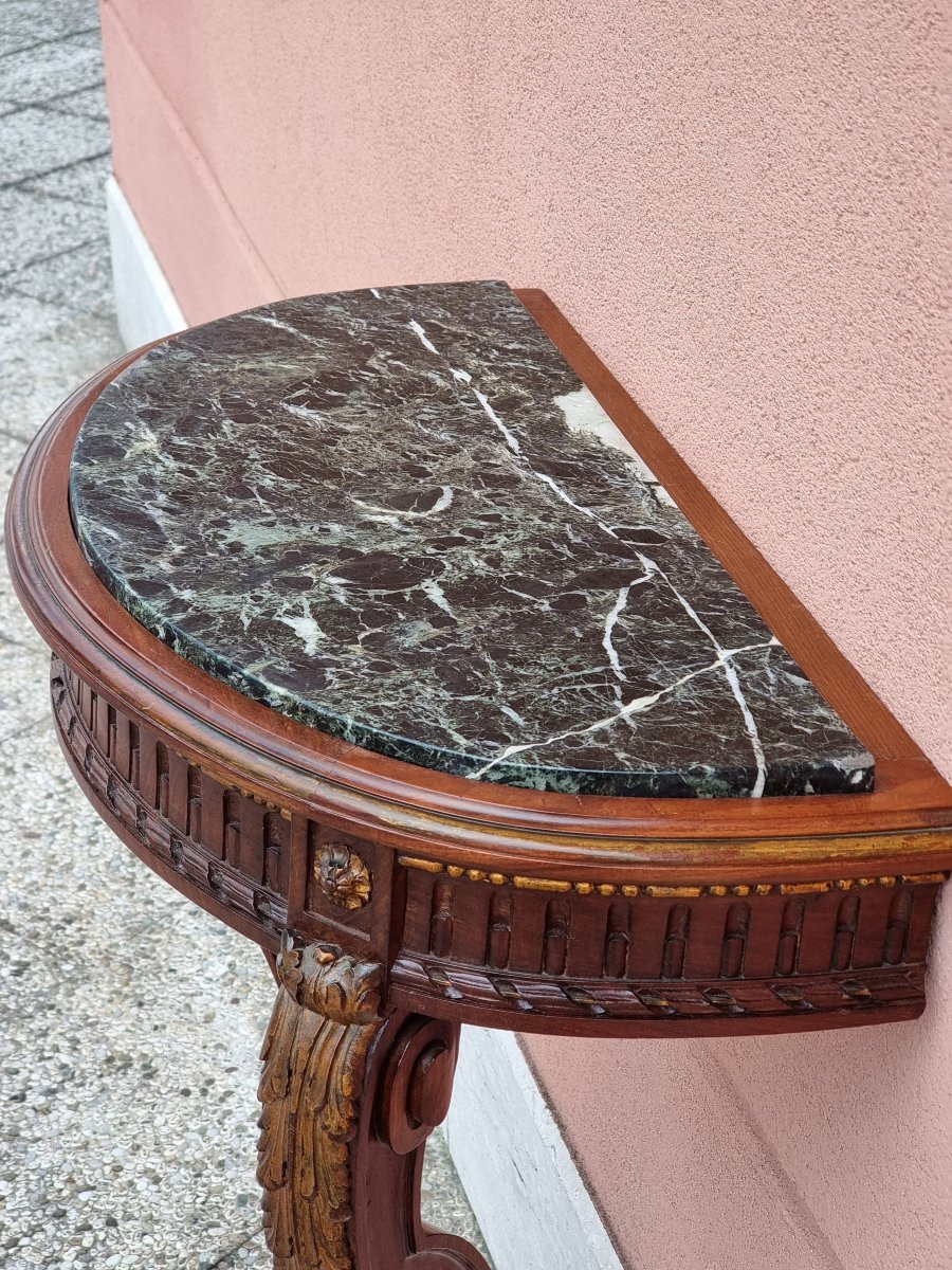 Louis XVI Style Demi-lune Console In Carved Walnut With Green Marble Top-photo-3