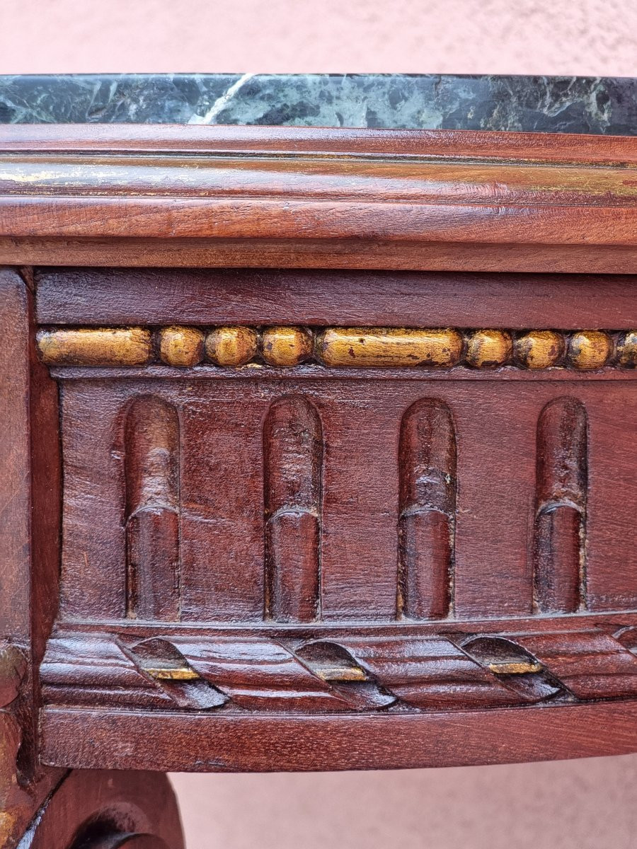 Louis XVI Style Demi-lune Console In Carved Walnut With Green Marble Top-photo-4