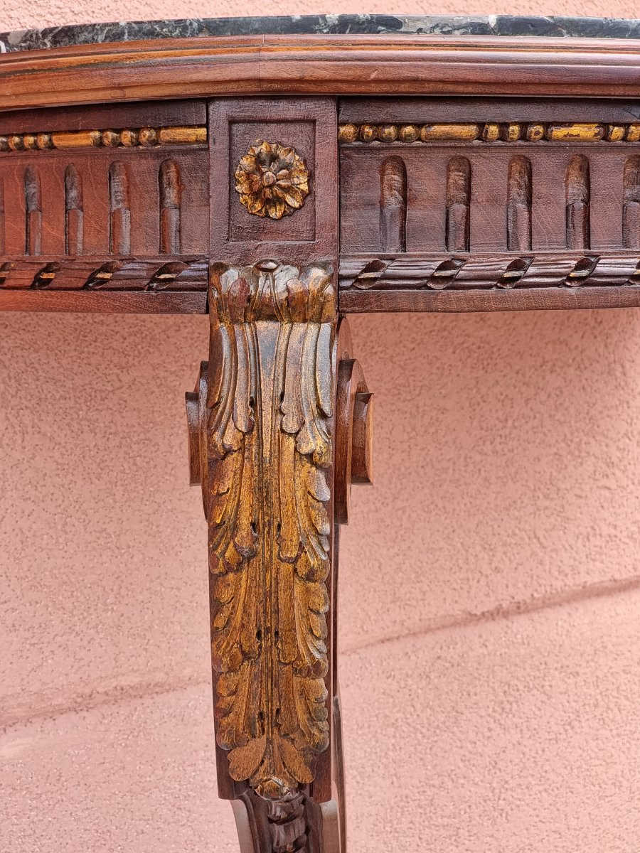 Louis XVI Style Demi-lune Console In Carved Walnut With Green Marble Top-photo-2