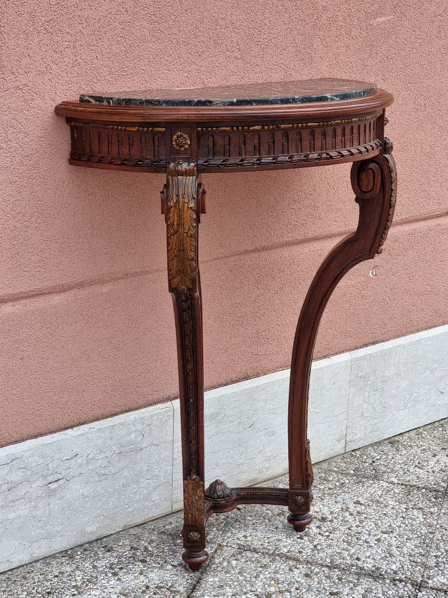 Louis XVI Style Demi-lune Console In Carved Walnut With Green Marble Top-photo-3